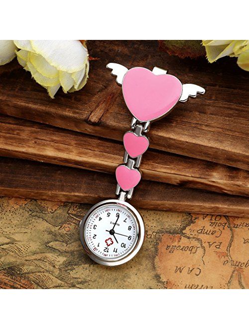 Top Plaza Womens Girls Heart Angle Wing Nurse Fob Clip On Brooch Hanging Pocket Watch