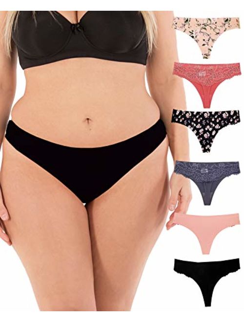 Thongs for Women Sexy Lace Back Floral Panties Invisible No-Show Seamless Underwear 6 Pack Small to Plus Size