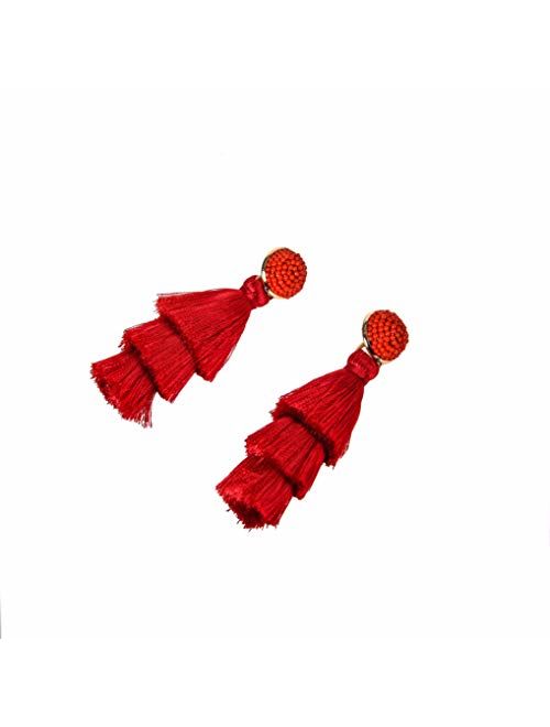 RIVERTREE Womens Layered Tassel Earring Beaded Boho Statement Fringe 3 Tiered Long Vintage Chandelier Drop Dangle Earring Christmas