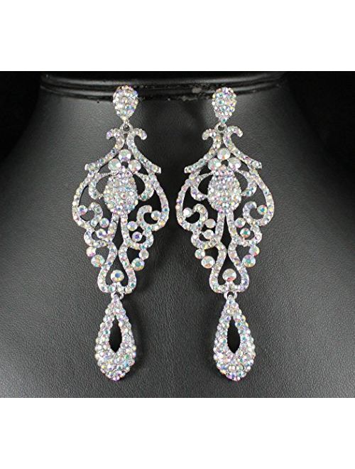 Large Pageant Clear White Teal Pink AB Blue Austrian Crystal Rhinestone Chandelier Dangle Drop Earrings Studs Prom Party Silver or Gold Plated Bridal E2090