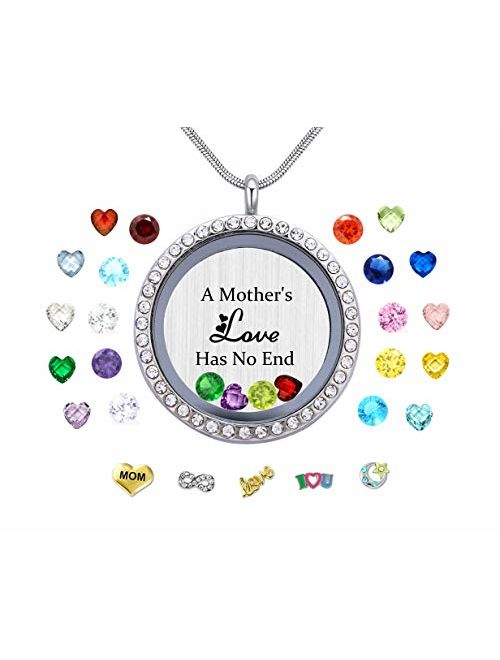 Veeshy Best Mom Mother Gift, Floating Living Memory Locket Necklace Pendant with Charms & Birthstones for Women
