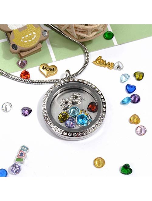 Veeshy Best Mom Mother Gift, Floating Living Memory Locket Necklace Pendant with Charms & Birthstones for Women