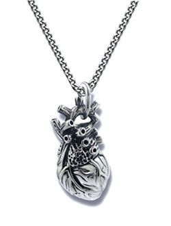 Pearlina Anatomical Heart Necklace Man or Woman 3D Pendant Oxidized Antique-Finish Stainless Steel, 24"
