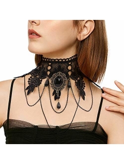 Eternity J. Elegant Vintage Princess Black Lace Gothic Statement Necklace Bracelet Victorian Lolita Choker Pendant Vampire Chain