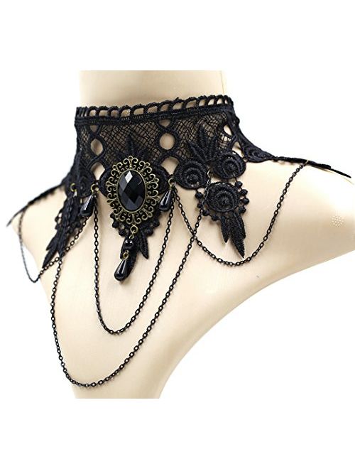 Eternity J. Elegant Vintage Princess Black Lace Gothic Statement Necklace Bracelet Victorian Lolita Choker Pendant Vampire Chain