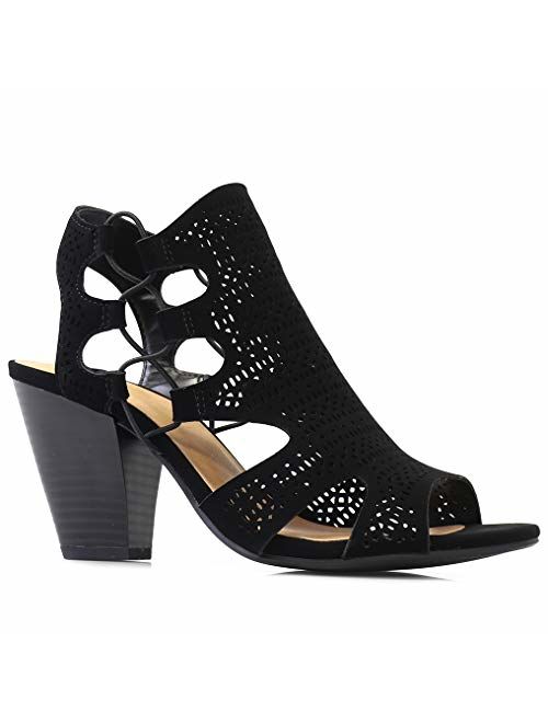 City Classified Open Toe Perforated Lace up Elastic Side Stacked Chunky Heel Sandal