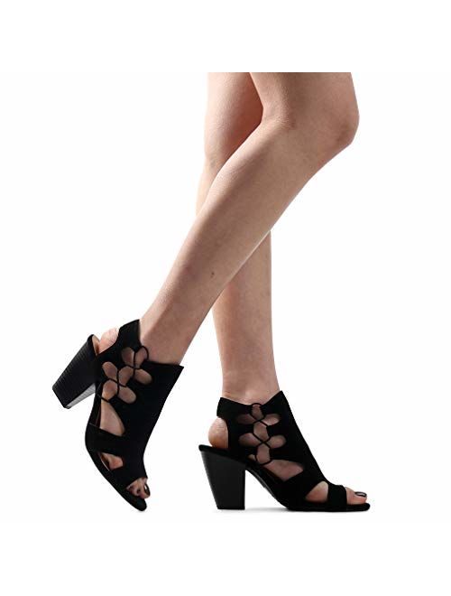 City Classified Open Toe Perforated Lace up Elastic Side Stacked Chunky Heel Sandal