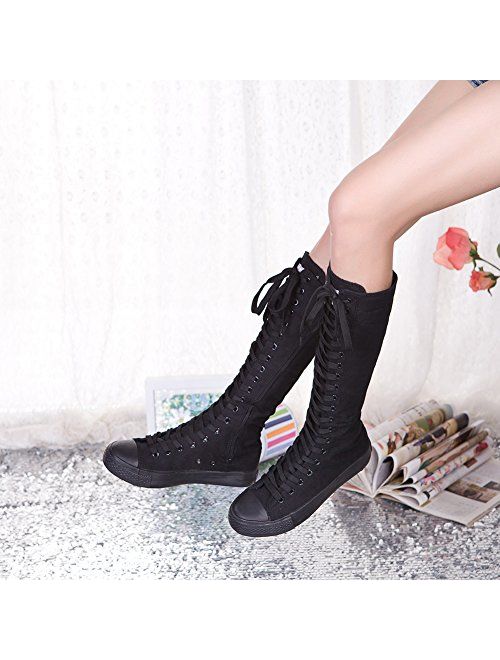 ANUFER Girls Women Fashion Knee High Lace-Up Canvas Boots Pure White Black Zip Dance Boots