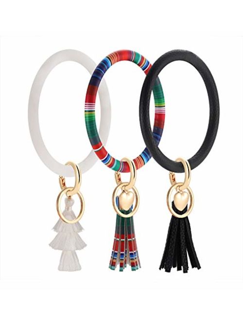 Key Ring Bangle Bracelet,Leather Keychain Bracelet Key Chains with Tassel Wristlet Bangles for Women Girls