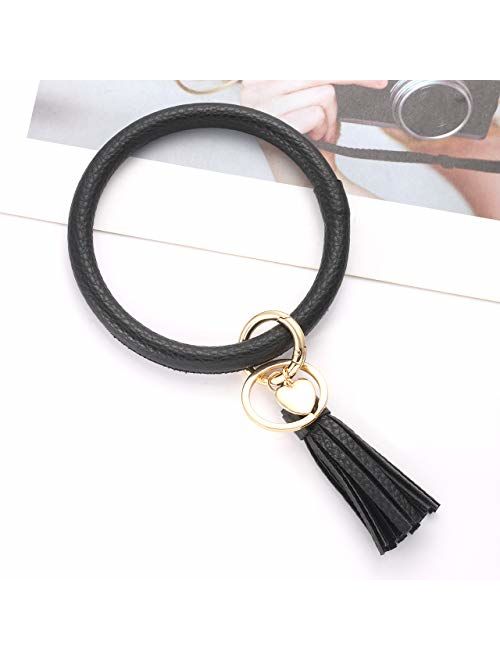 Key Ring Bangle Bracelet,Leather Keychain Bracelet Key Chains with Tassel Wristlet Bangles for Women Girls