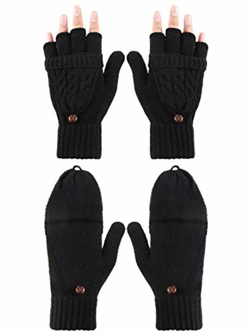 Tatuo Women Convertible Glove Cable Knit Glove Half Finger Mitten with Cover for Cold Days