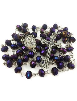 Nazareth Store Deep Purple Beads Rosary Catholic Necklace Holy Soil & Crucifix Cross Jerusalem Velvet Bag