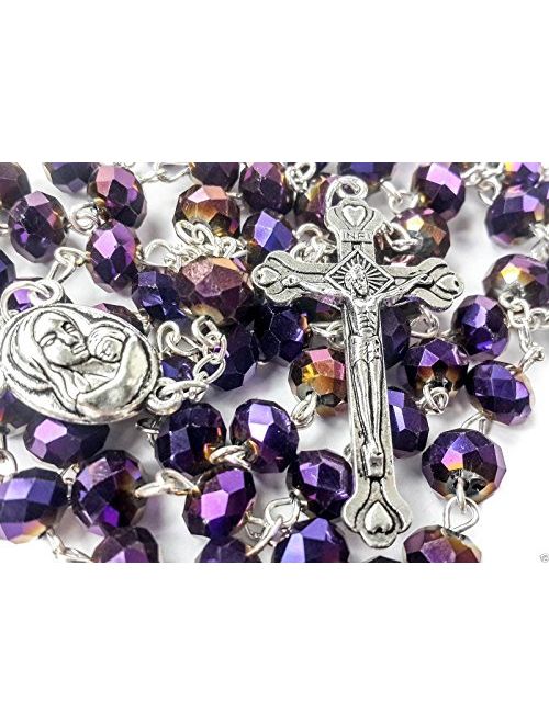 Nazareth Store Deep Purple Beads Rosary Catholic Necklace Holy Soil & Crucifix Cross Jerusalem Velvet Bag