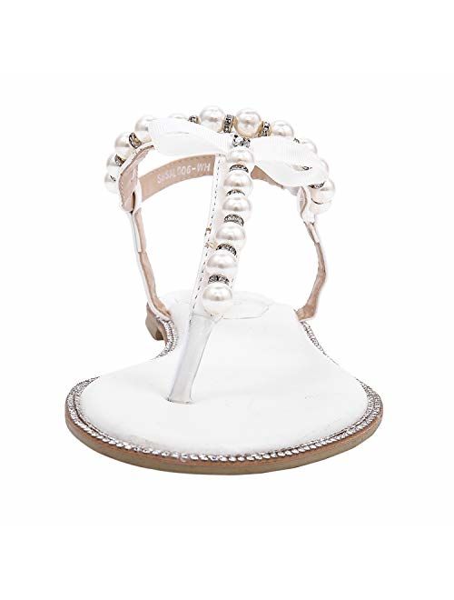 SheSole Women's Pearl T-Strap Bridal White Flat Sandals Beach Wedding Shoes