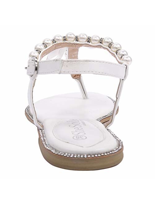 SheSole Women's Pearl T-Strap Bridal White Flat Sandals Beach Wedding Shoes