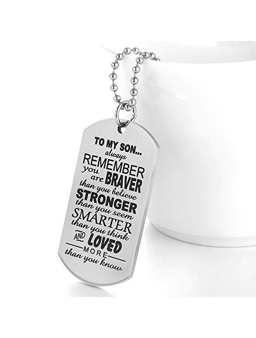 Hand Stamped Dog Tag-You Are Braver Than You Believe-Pendant Necklace Inspirational Gifts For Son Daughter (To my son)