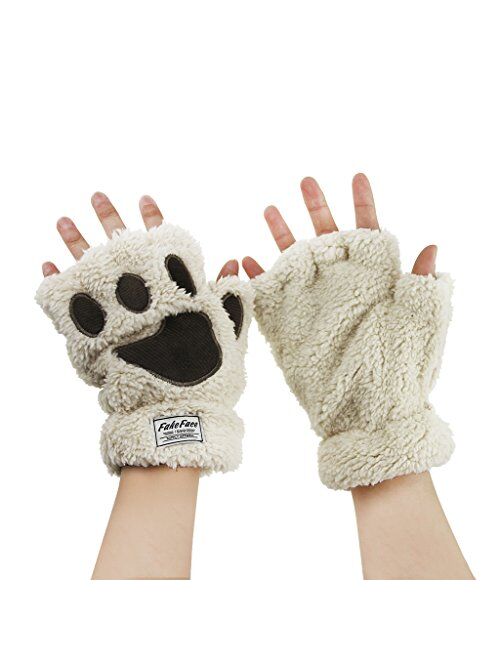 FakeFace Cute Cat Kitten Paw Fingerless Faux Fur Plush Gloves For Girls Women