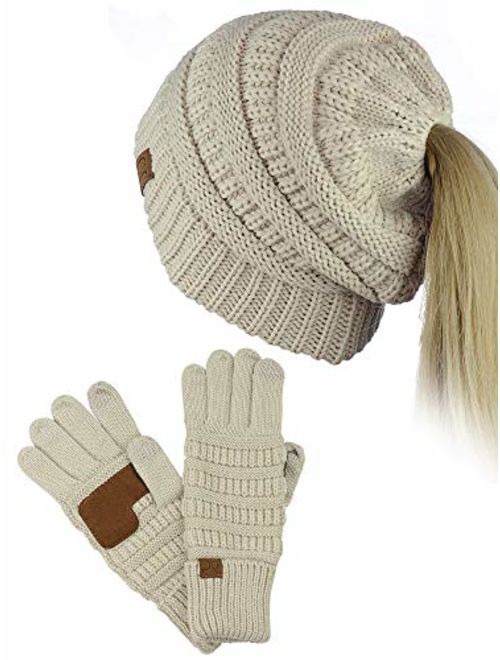 C.C BeanieTail Messy High Bun Cable Knit Beanie and Anti-Slip Touchscreen Gloves Set