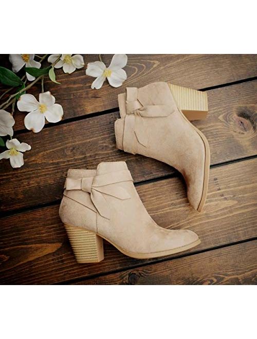 PiePieBuy Women's Tie Knot Chelsea Pump Ankle Boots Closed Toe Stacked Heel Booties Shoes
