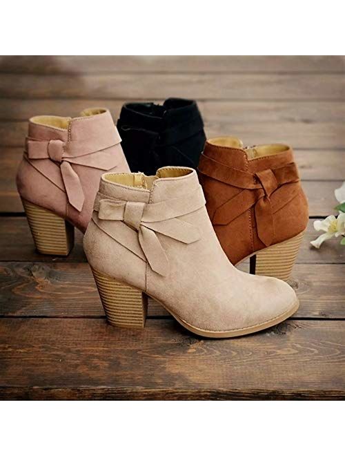 PiePieBuy Women's Tie Knot Chelsea Pump Ankle Boots Closed Toe Stacked Heel Booties Shoes