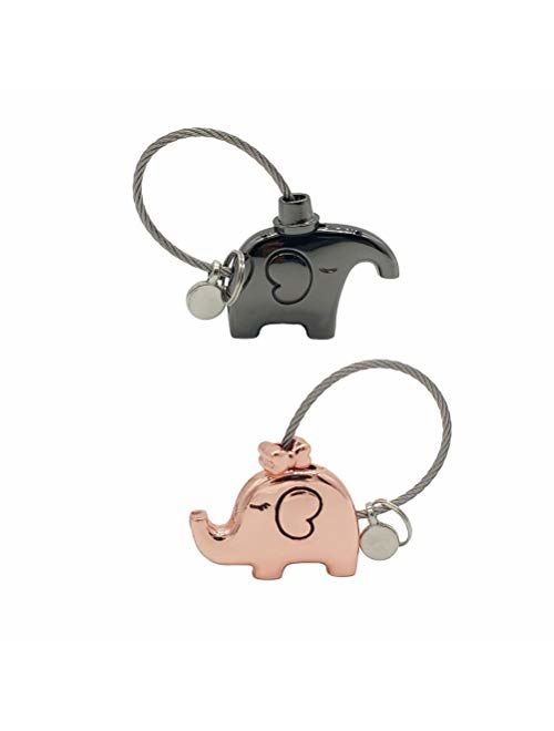 VORCOOL 2pcs Lovely Elephant Key Ring Kissing Animal Couple Keychain with Metal Wire Rope (Black and Rose Gold), As Shown, 3.9x3.2x1.2cm