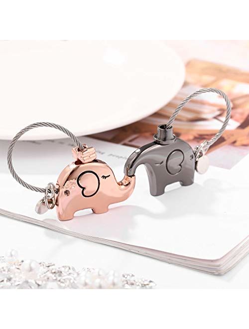 VORCOOL 2pcs Lovely Elephant Key Ring Kissing Animal Couple Keychain with Metal Wire Rope (Black and Rose Gold), As Shown, 3.9x3.2x1.2cm