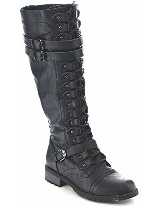 Wild Diva Timberly Women's Fashion Lace Up Buckle Knee High Combat Boots