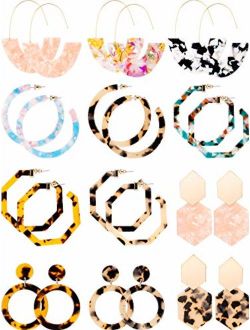 12 Pairs Acrylic Hoop Earrings Tortoise Earrings Mottled Statement Earrings Polygonal Drop Earrings for Women Girls
