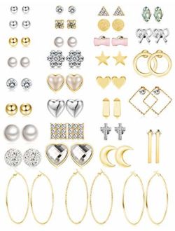 Jstyle 32 Pairs Assorted Multiple Stud Earrings for Women Simple Cute Big Hoop Earrings Set