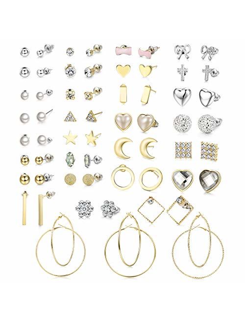 Jstyle 32 Pairs Assorted Multiple Stud Earrings for Women Simple Cute Big Hoop Earrings Set
