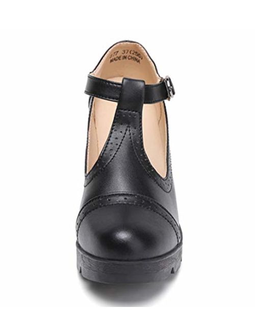 DADAWEN Women's Leather Classic T-Strap Platform Chunky Mid-Heel Oxfords Dress Pump Shoes