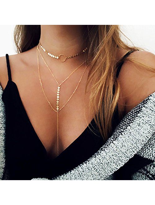 Suyi Stylish Layered Sequins Choker Necklace with Thin Long Chain Pendant for Women Lady Girl