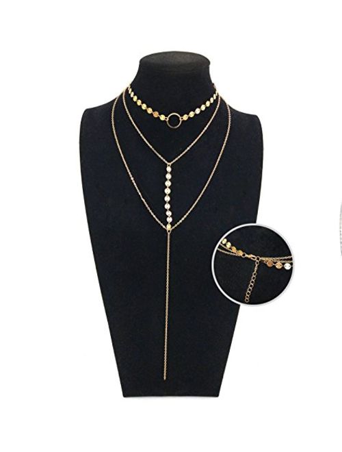 Suyi Stylish Layered Sequins Choker Necklace with Thin Long Chain Pendant for Women Lady Girl