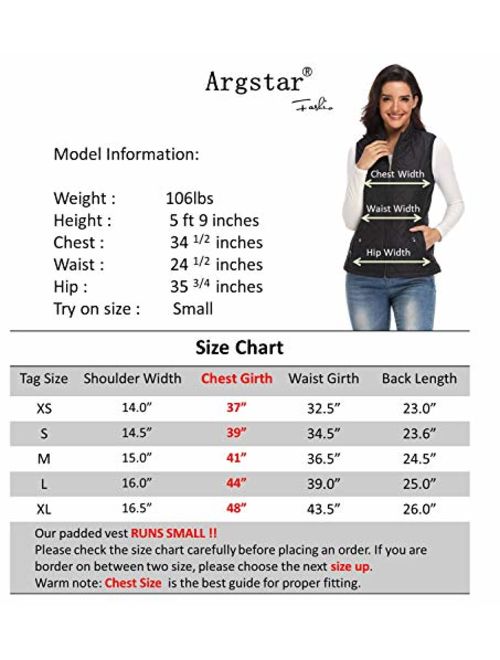 Argstar Lightweight Stand Collar Zip Pockets Gilet Quilted Puffy Vest for Women