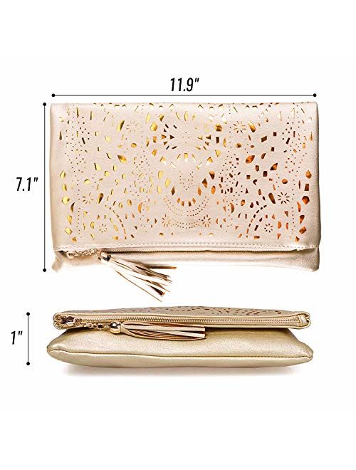 BMC Womens Perforated Cut Out Gold Accent Foldover Pouch Fashion Clutch Handbag