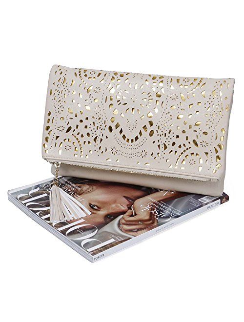 BMC Womens Perforated Cut Out Gold Accent Foldover Pouch Fashion Clutch Handbag