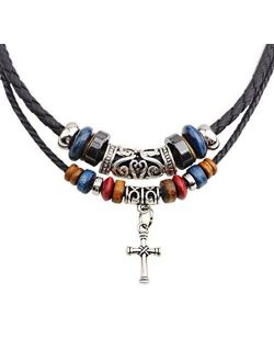 MORE FUN Vintage Style Double Layers Black Braided Leather Tribal Necklace with Charm Cross Pendant