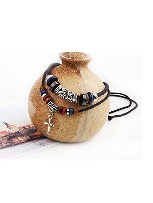 MORE FUN Vintage Style Double Layers Black Braided Leather Tribal Necklace with Charm Cross Pendant