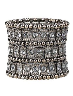 YACQ Women's Multilayer Stretch Cuff Bracelets Fit Wrist Size 6-1/2 to 7-1/2 Inch - Soft Elastic Band & 3 Row Crystals - 2 Inch Wide - Lead & Nickle Free