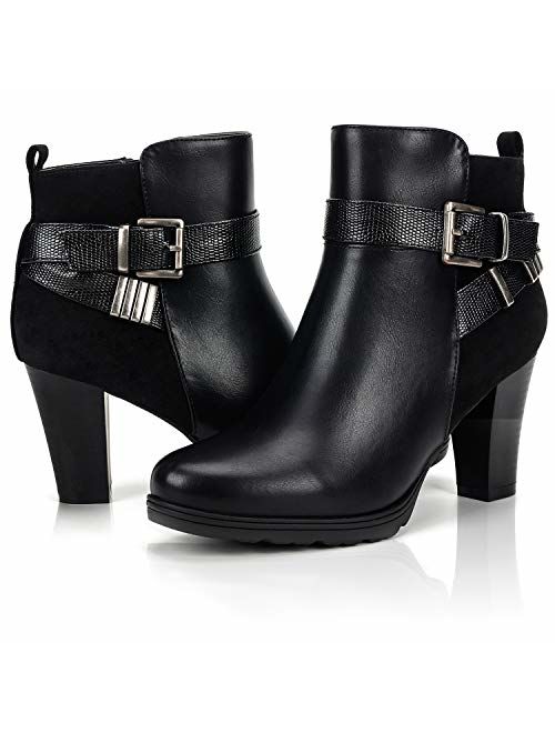 mysoft Women's Zipper Bootie Chunky Stacked Heel Ankle Boots Buckle Strap Ankle