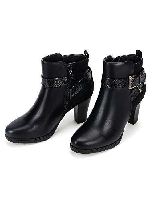 mysoft Women's Zipper Bootie Chunky Stacked Heel Ankle Boots Buckle Strap Ankle
