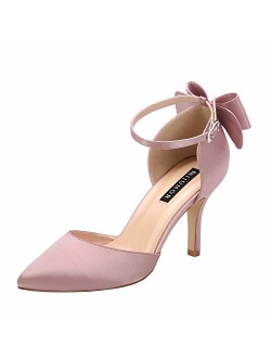 ERIJUNOR Wedding Evening Party Shoes Comfortable Mid Heels Pumps with Bow Knot Ankle Strap Wide Width Satin Shoes