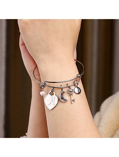 M MOOHAM Initial Charm Bracelets for Women Gifts - Engraved 26 Letters Initial Charms Bracelet Stainless Steel Bangle Bracelet Birthday Christmas Jewelry Gift for Women T