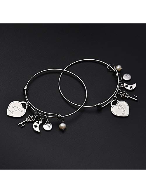 M MOOHAM Initial Charm Bracelets for Women Gifts - Engraved 26 Letters Initial Charms Bracelet Stainless Steel Bangle Bracelet Birthday Christmas Jewelry Gift for Women T