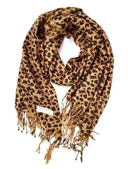 Animal Print Fringed Shoulder Pashmina Feel Wrap Scarf - Leopard Patterns