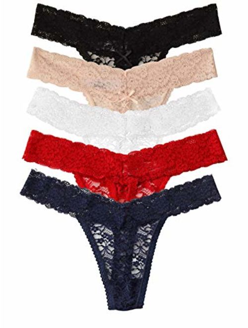 TALEVE Women's Sexy Lace Cheeky Thong Underwear Plus Size Nylon Hipster See Through Panties Pack of 5