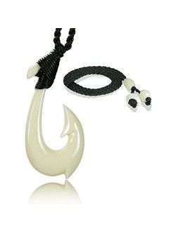 KanaKala Pacific Hawaiian Hand Carved Bone Fish Hook Necklace for Men. Our Zac Brown Band Inspired Replica. Black Cord.