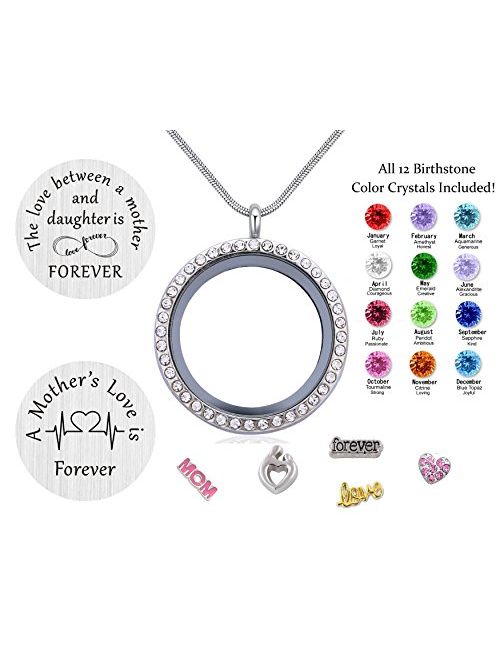 Best Gift Floating Charm Living Memory Lockets with Birthstone,Magnetic Closure 30mm Stainless Steel Necklace