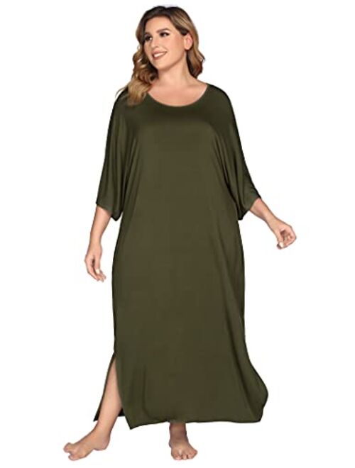 Ekouaer Nightgown, Womens Round Neck/V Neck Loungewear Oversized Pajama Loose Pockets Long Sleep Dress