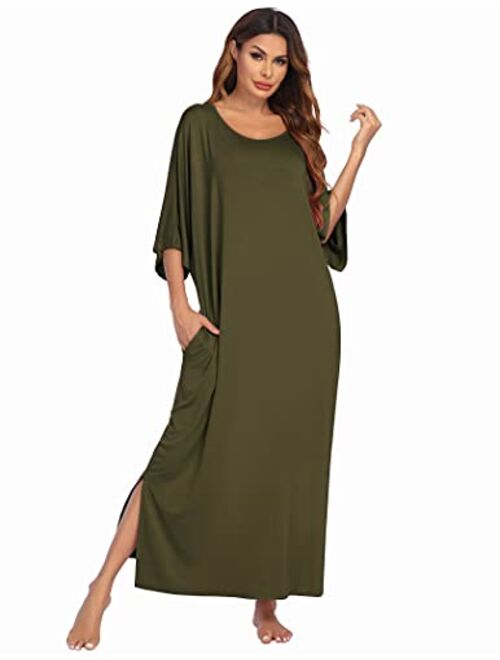 Ekouaer Nightgown, Womens Round Neck/V Neck Loungewear Oversized Pajama Loose Pockets Long Sleep Dress